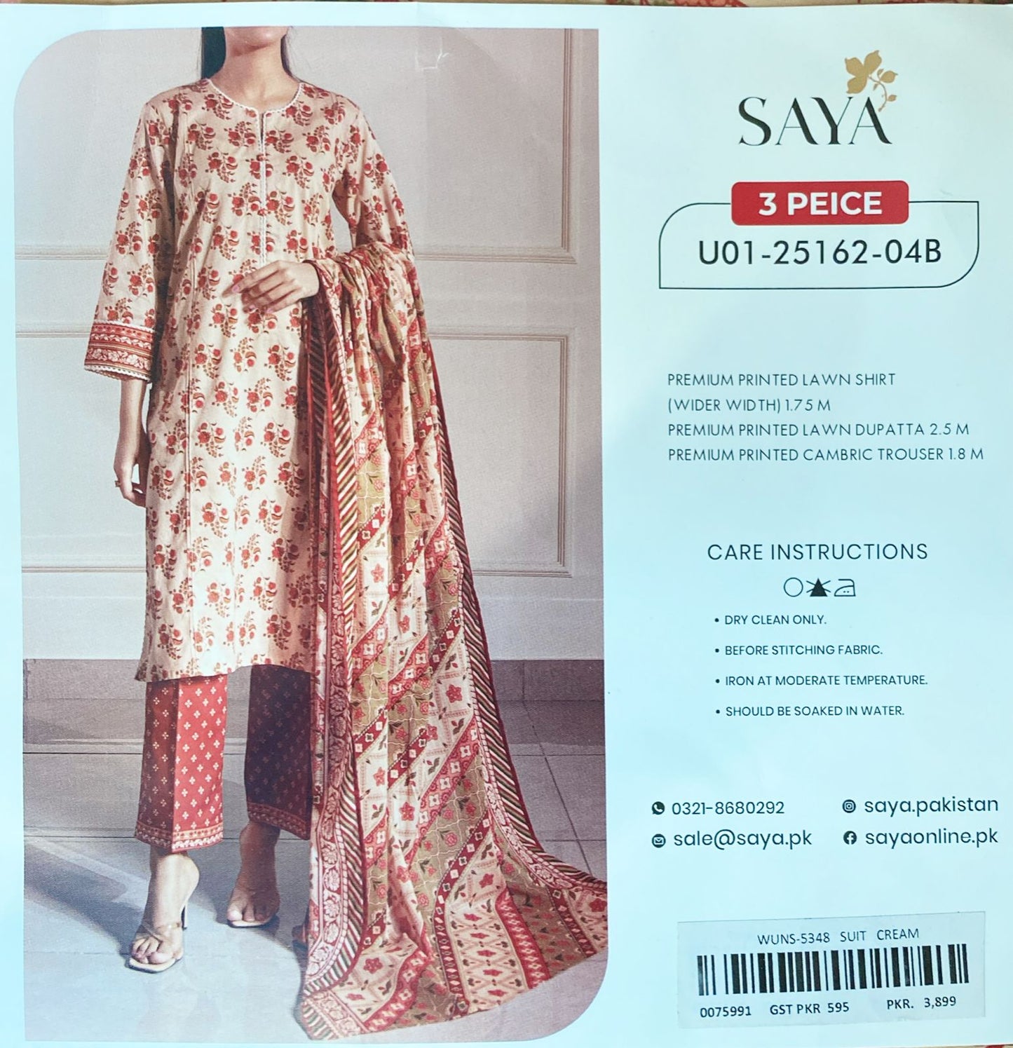 3 Piece SAYA Lawn Suit - Printed (Unstitched)