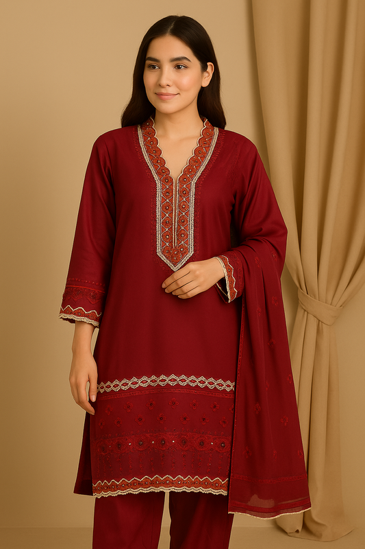 3 Piece Cotton Lawn Suit - Embroidered (Pret)