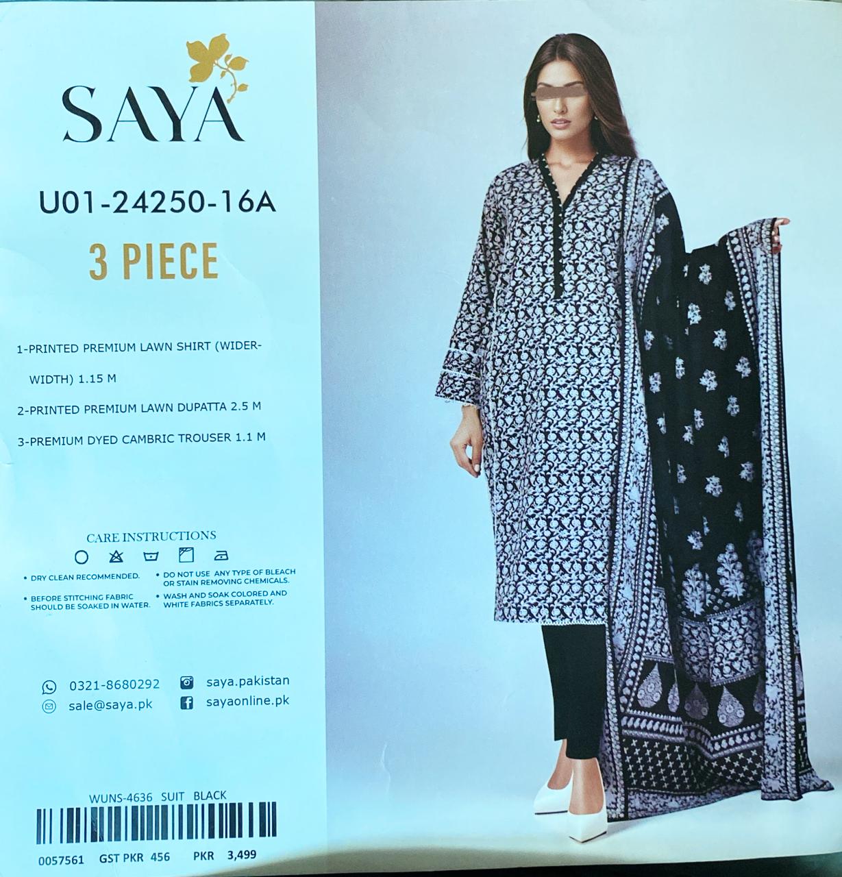 3 Piece SAYA Lawn Suit - Printed (Unstitched)