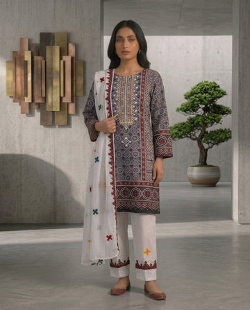 Sindhi Balochi Traditional Embroidered Linen Unstitched 3-Piece Suit