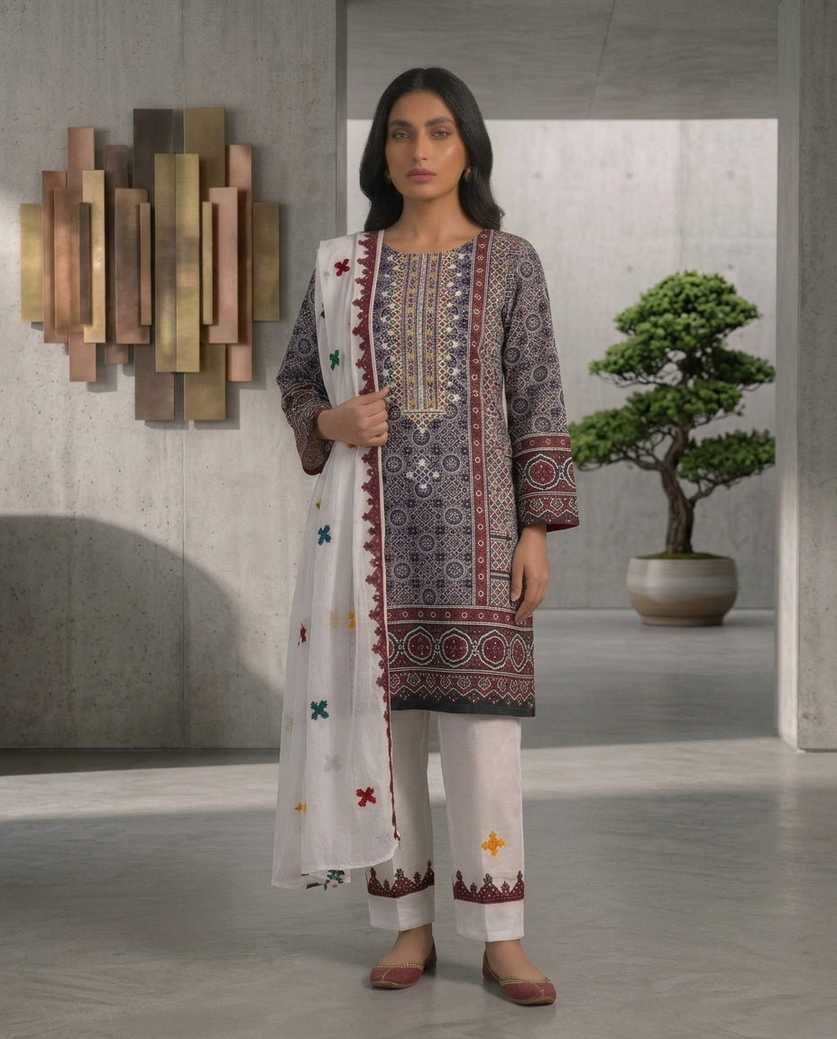 Sindhi Balochi Traditional Embroidered Linen Unstitched 3-Piece Suit