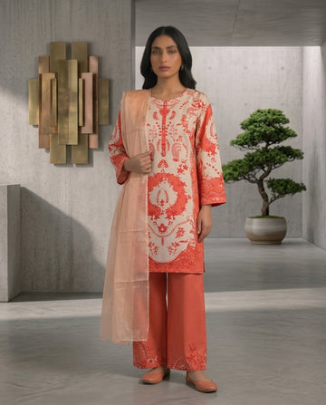 Orange aur Beige Slub Khaddar Stitched 3-Piece Suit
