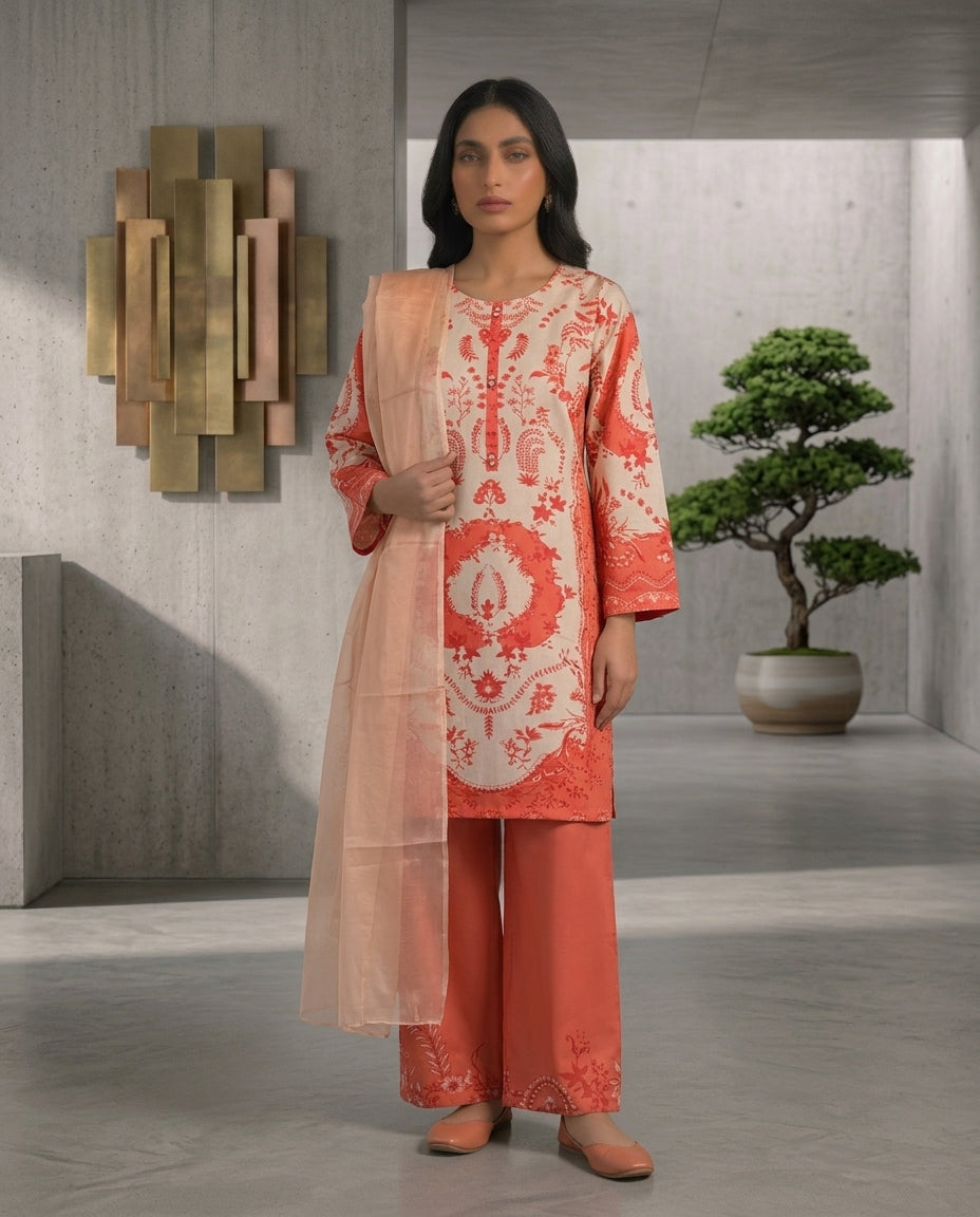 Orange aur Beige Slub Khaddar Stitched 3-Piece Suit