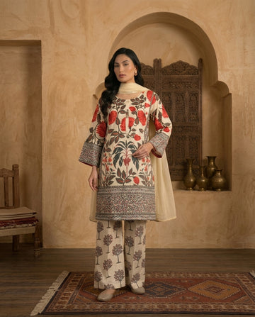 Off-White Printed Slub Khaddar Stitched 3-Piece Suit