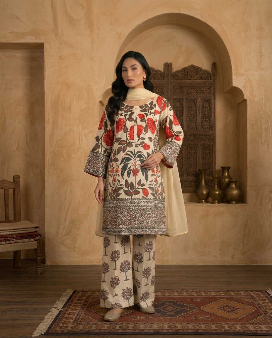 Off-White Printed Slub Khaddar Stitched 3-Piece Suit