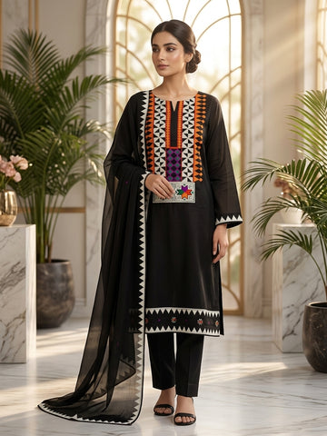 . Black Balochi Embroided Chiffon Suit
