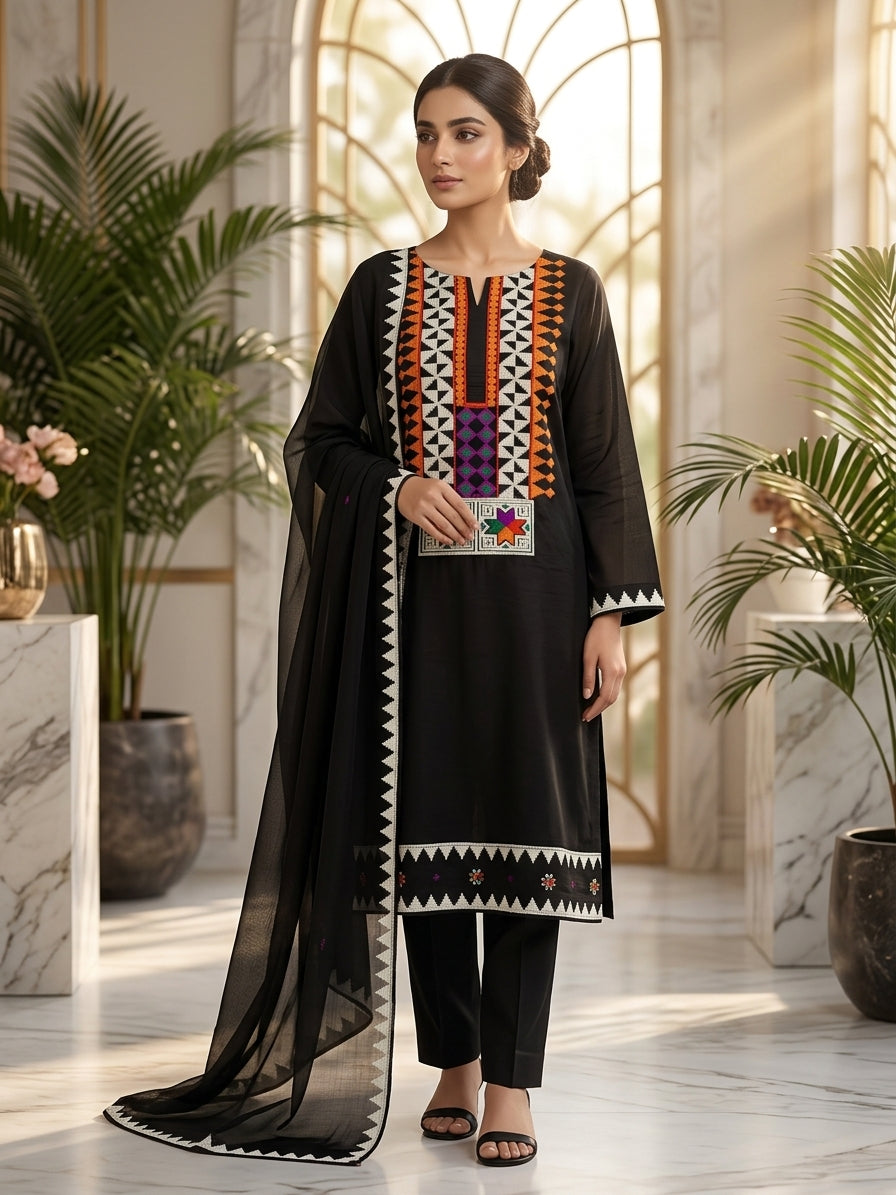 . Black Balochi Embroided Chiffon Suit