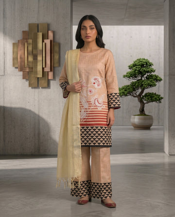 Bonanza Peach Pink Printed Linen Unstitched 3-Piece Suit