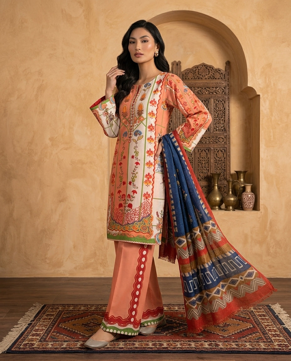 Peach Stitched Slub Khaddar Suit with Fancy Stroller