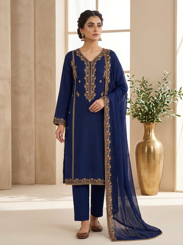 Navy Blue Embroided Chiffon Suit