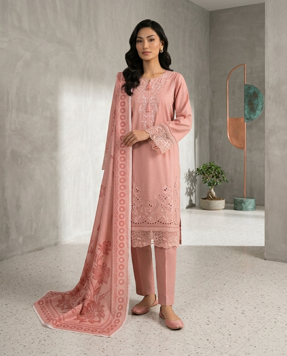 Winter Cotton Stitched Suit with Warm Shawl in Pink