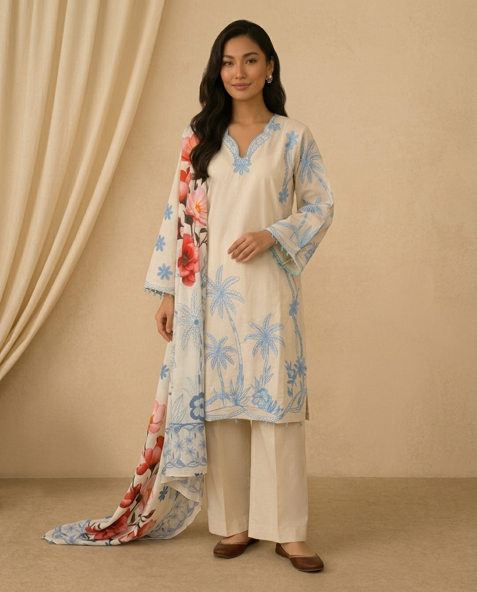 Off-White Winter Cotton Stitched Suit with Warm 3D Printed Shawl