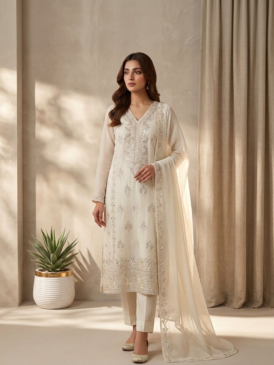 Off-White & Silver Embroided Chiffon Suit