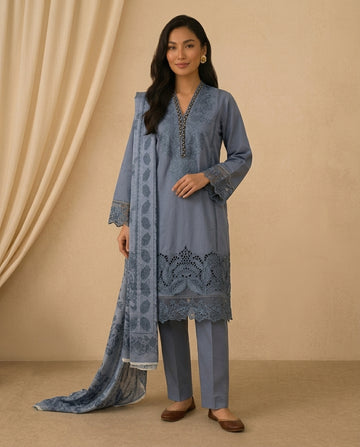 Grey Embroidered with Applique Work Winter Cotton Stitched Suit with Warm Printed Shawl