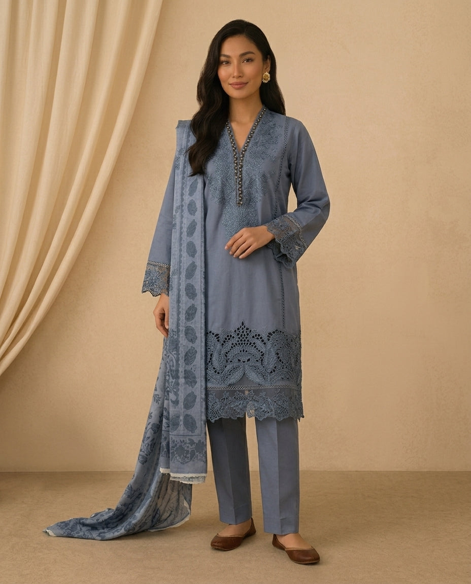Grey Embroidered with Applique Work Winter Cotton Stitched Suit with Warm Printed Shawl