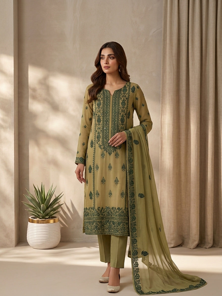 Beige & Emerald Green Embroided Chiffon Suit