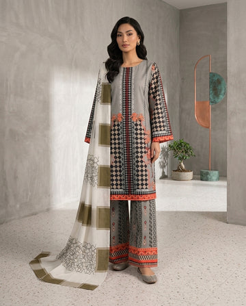 Olive Green Printed Slub Khaddar Stitched 3-Piece Suit with Woolen Stroller