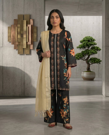 3D Black Printed Slub Khaddar Stitched 3-Piece Suit