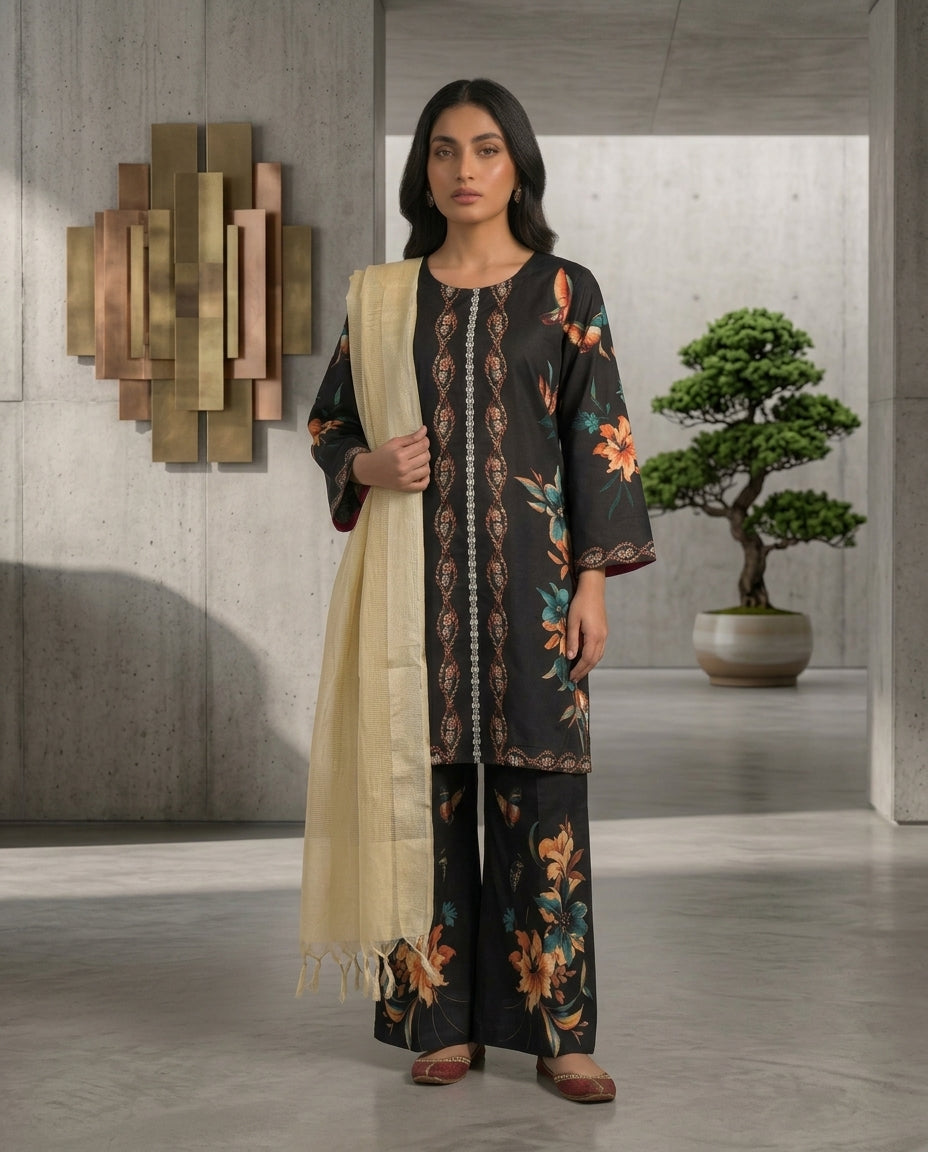 3D Black Printed Slub Khaddar Stitched 3-Piece Suit