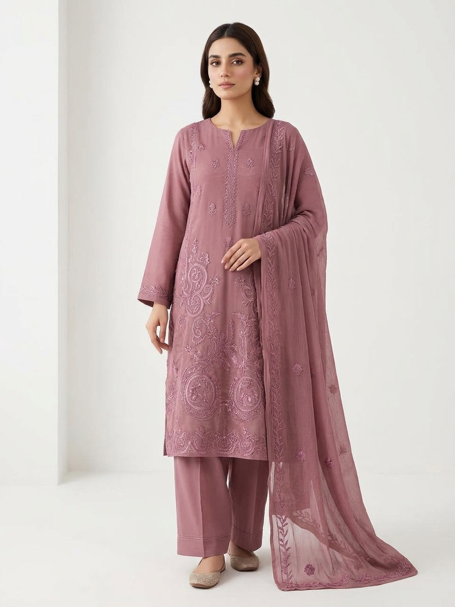 Dusty Rose Embroided Chiffon Suit