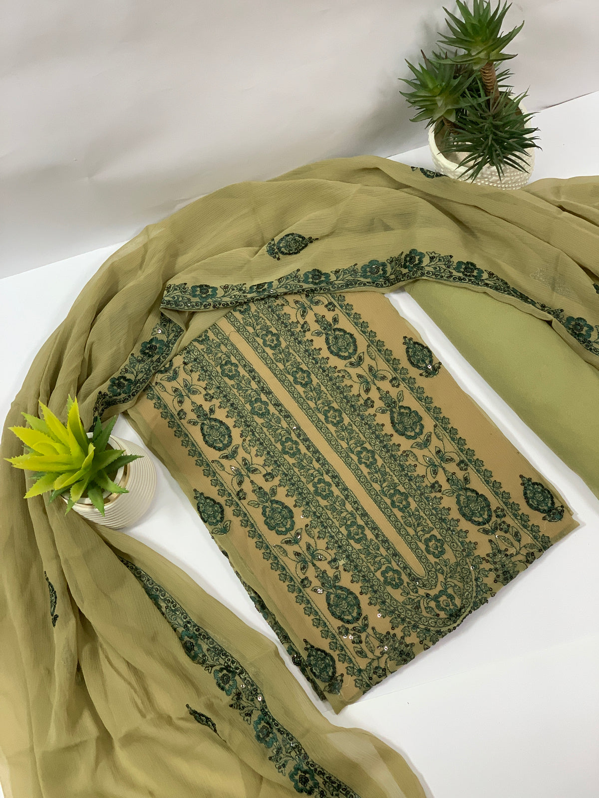 Beige & Emerald Green Embroided Chiffon Suit