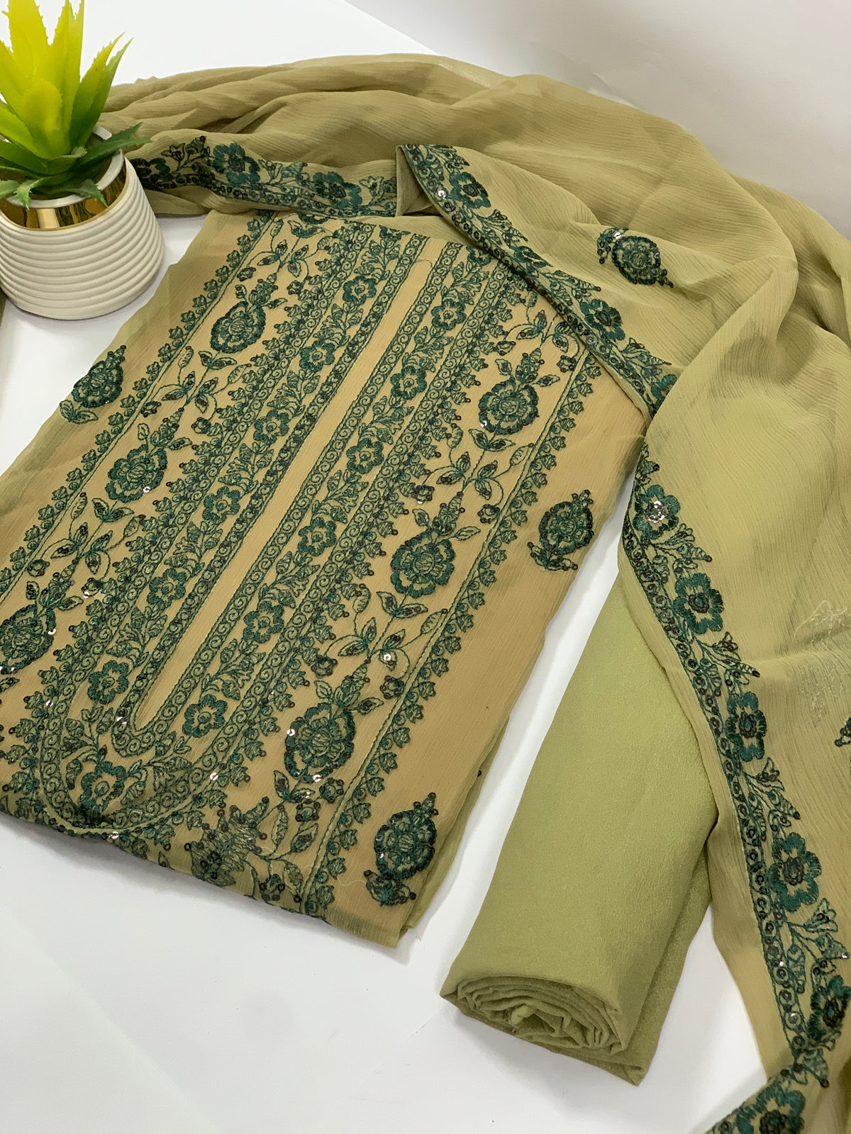 Beige & Emerald Green Embroided Chiffon Suit