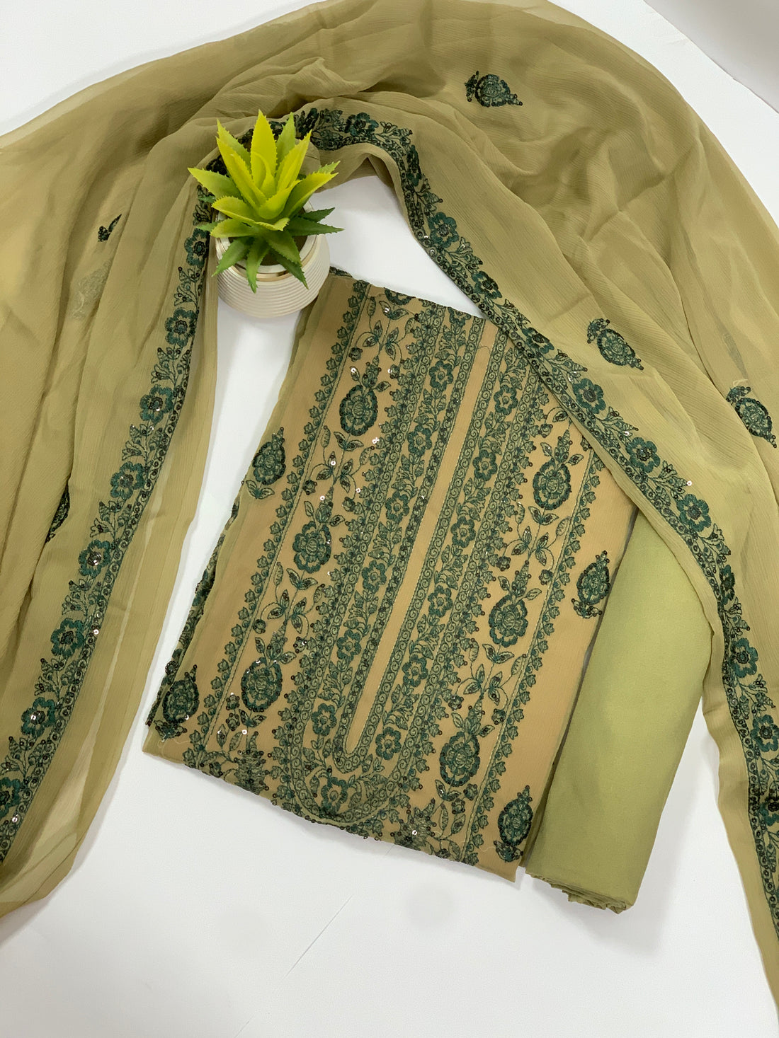 Beige & Emerald Green Embroided Chiffon Suit