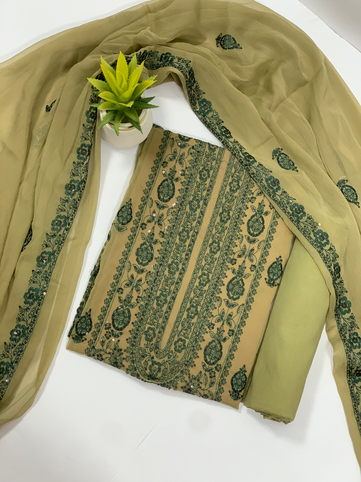 Beige & Emerald Green Embroided Chiffon Suit