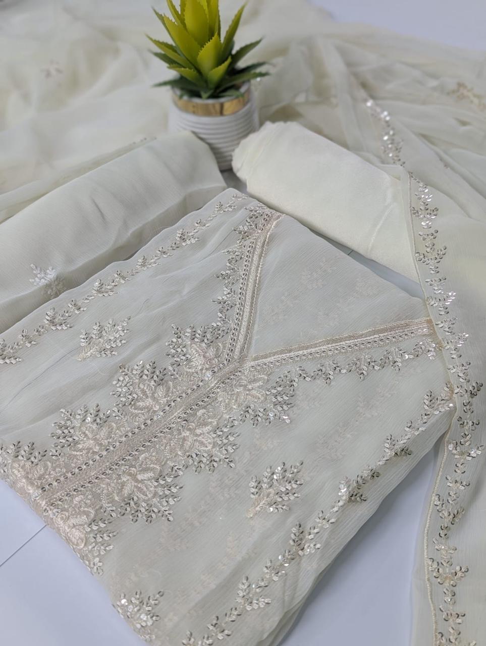 Off-White & Silver Embroided Chiffon Suit