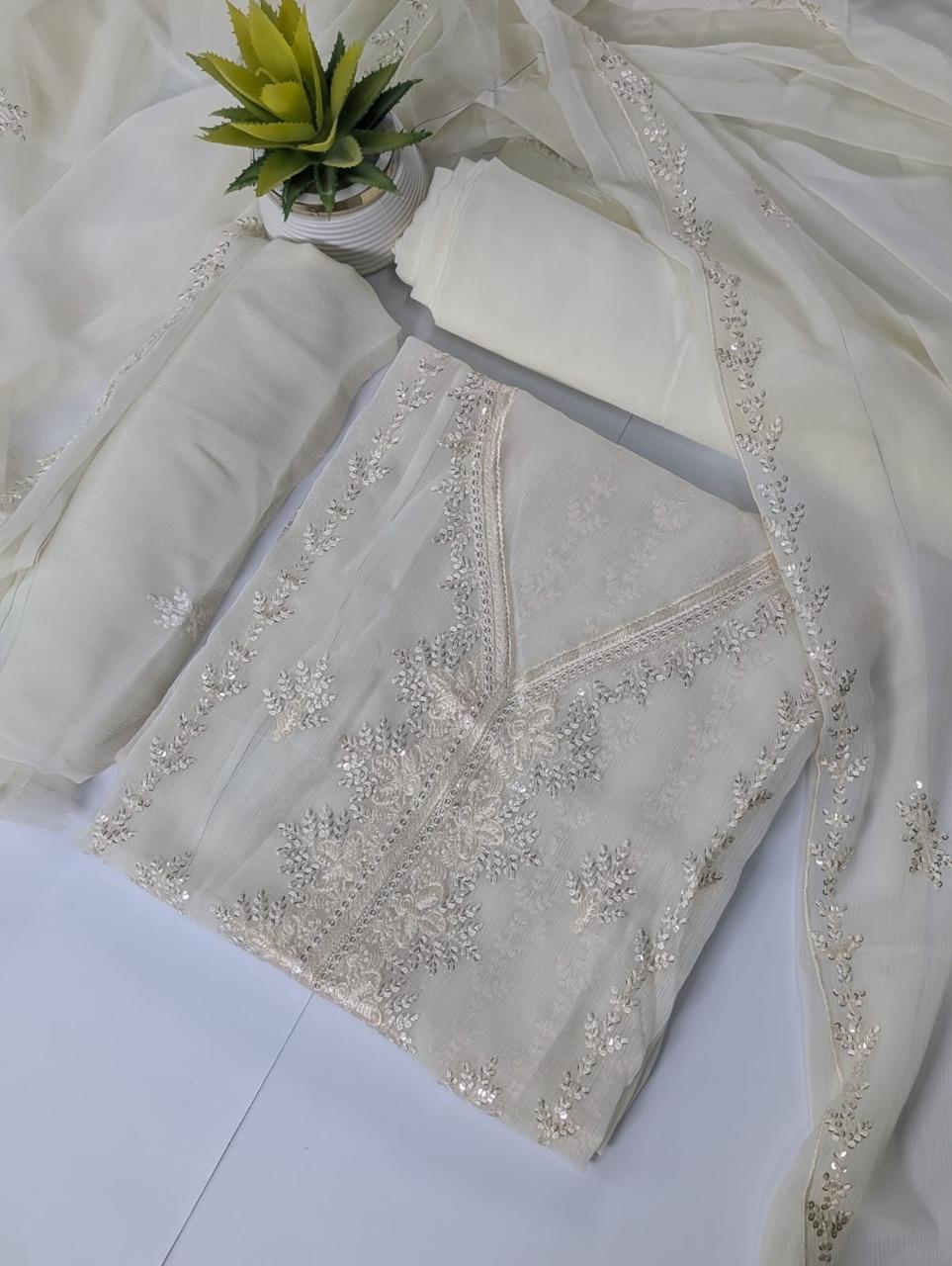 Off-White & Silver Embroided Chiffon Suit