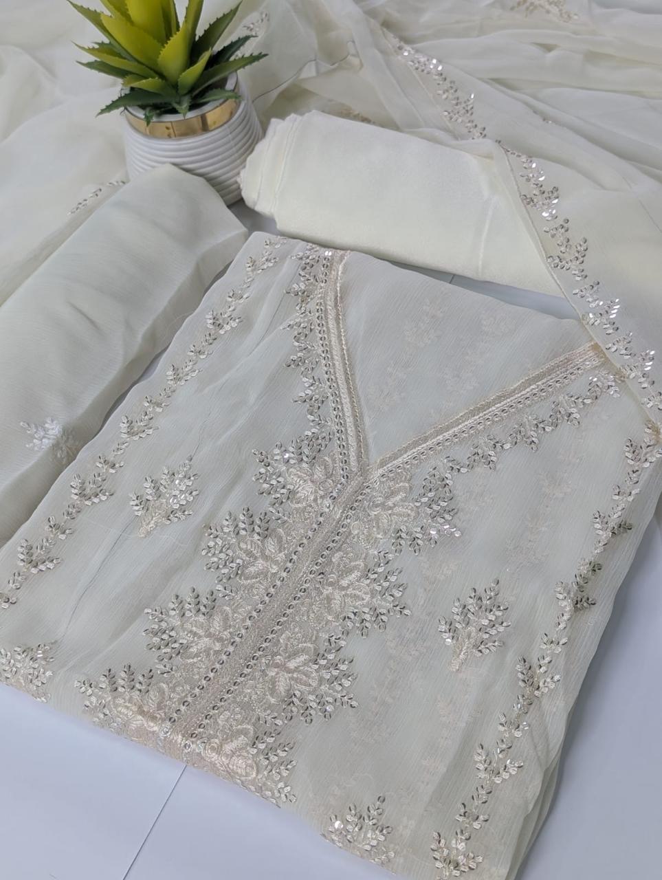 Off-White & Silver Embroided Chiffon Suit