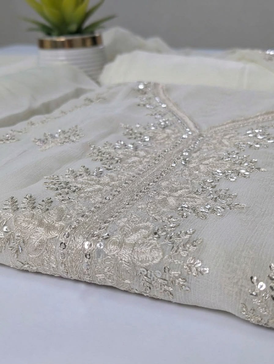 Off-White & Silver Embroided Chiffon Suit