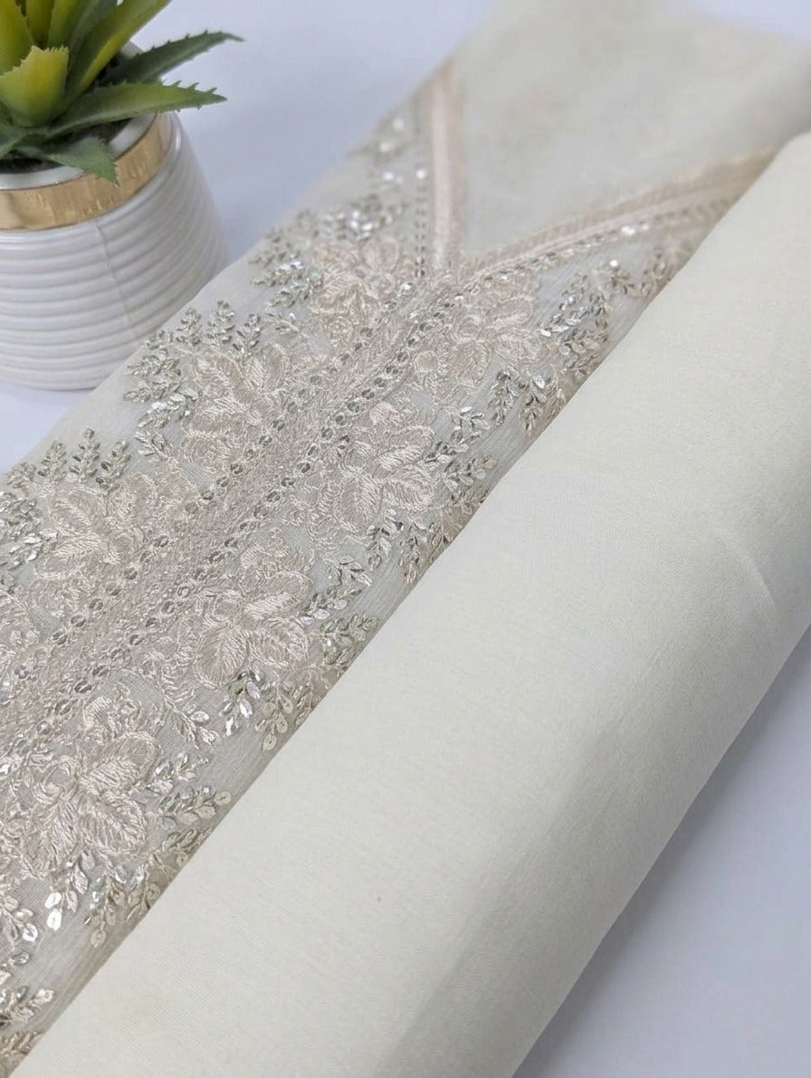 Off-White & Silver Embroided Chiffon Suit