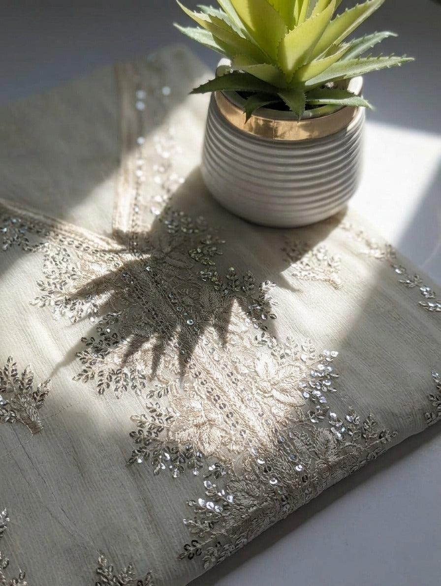 Off-White & Silver Embroided Chiffon Suit