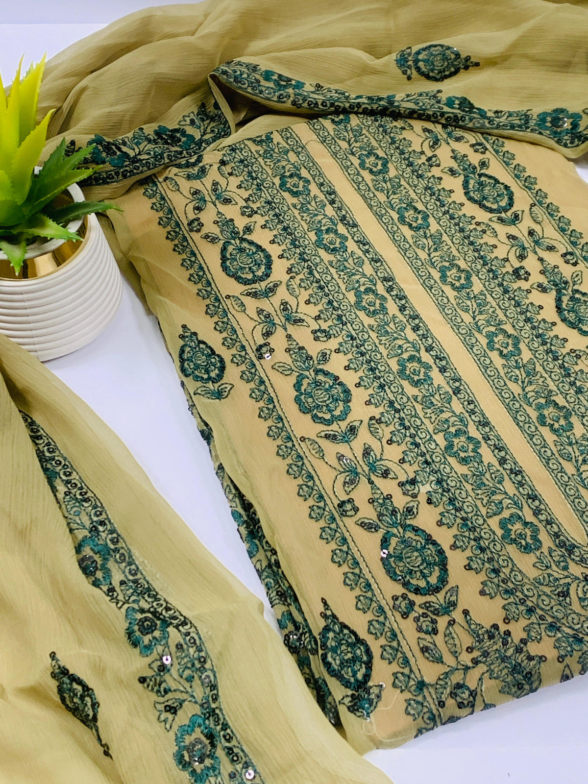 Beige & Emerald Green Embroided Chiffon Suit