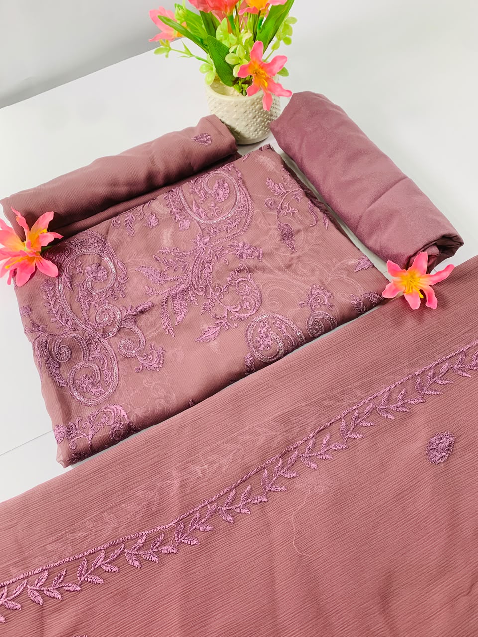 Dusty Rose Embroided Chiffon Suit