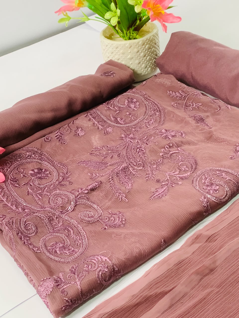 Dusty Rose Embroided Chiffon Suit