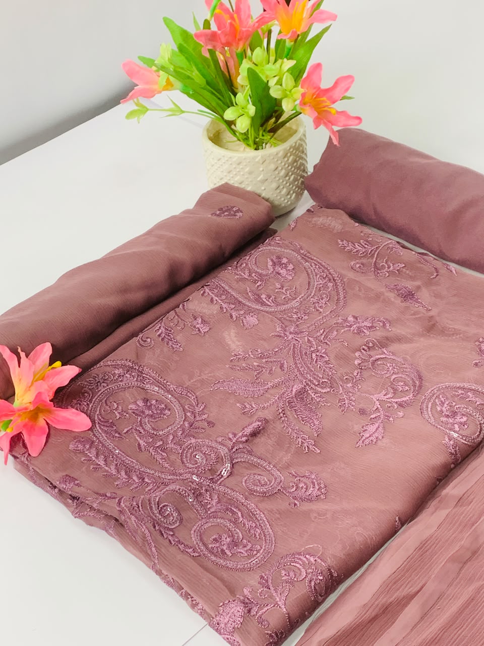 Dusty Rose Embroided Chiffon Suit