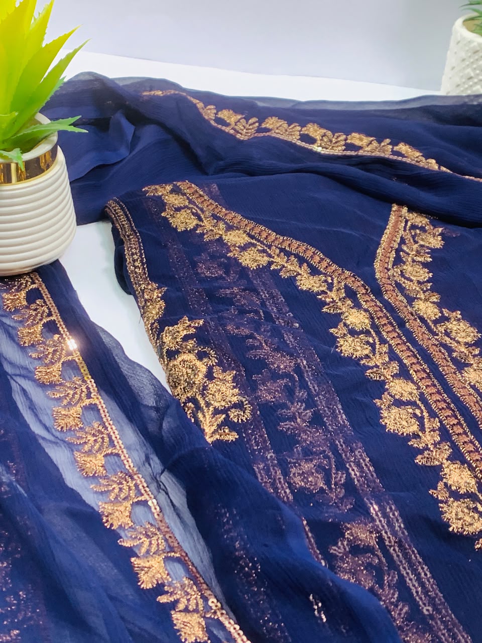 Navy Blue Embroided Chiffon Suit