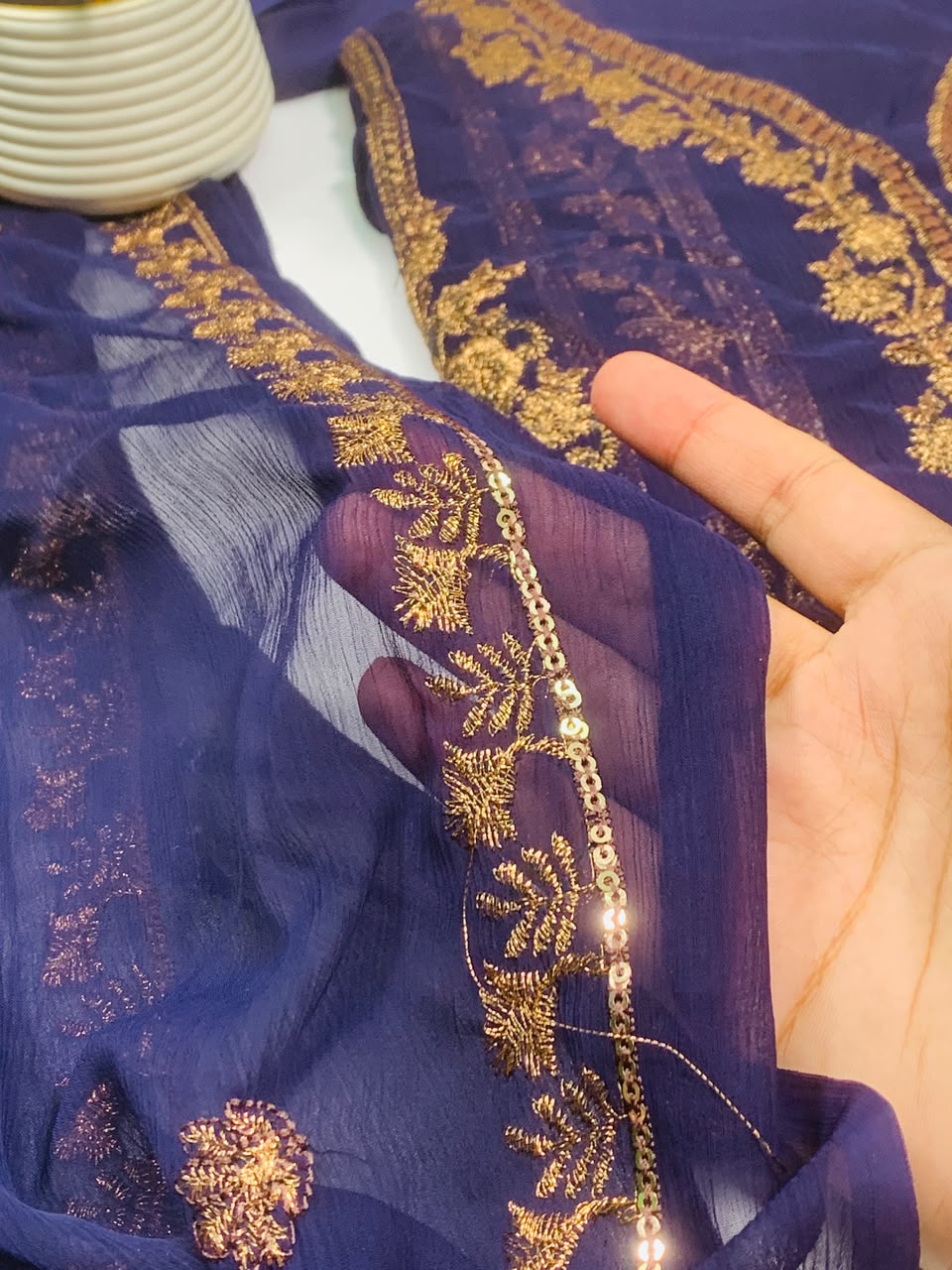 Navy Blue Embroided Chiffon Suit