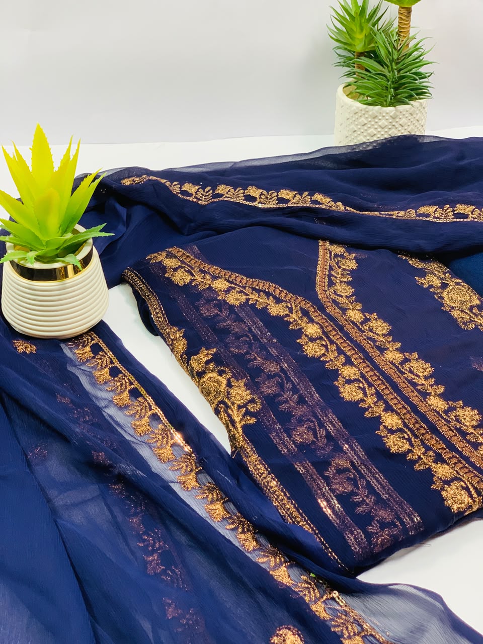 Navy Blue Embroided Chiffon Suit