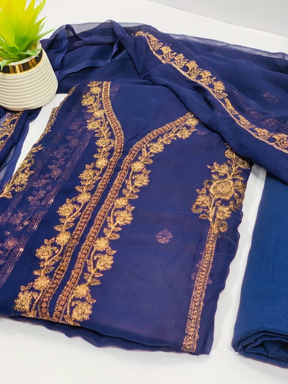 Navy Blue Embroided Chiffon Suit