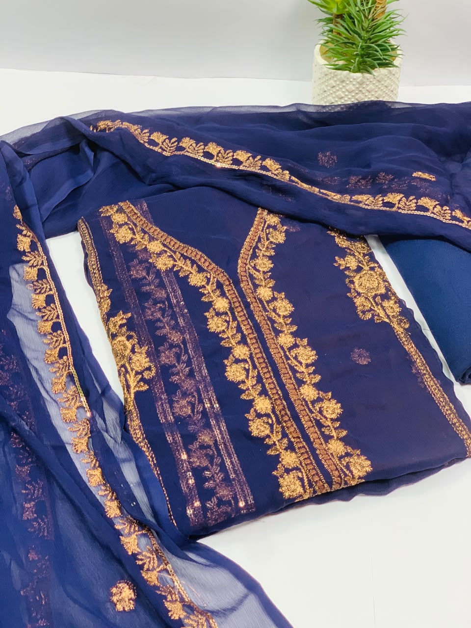Navy Blue Embroided Chiffon Suit