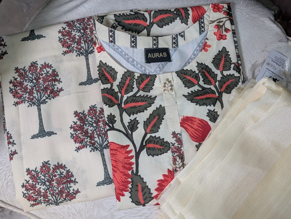 Off-White Printed Slub Khaddar Stitched 3-Piece Suit