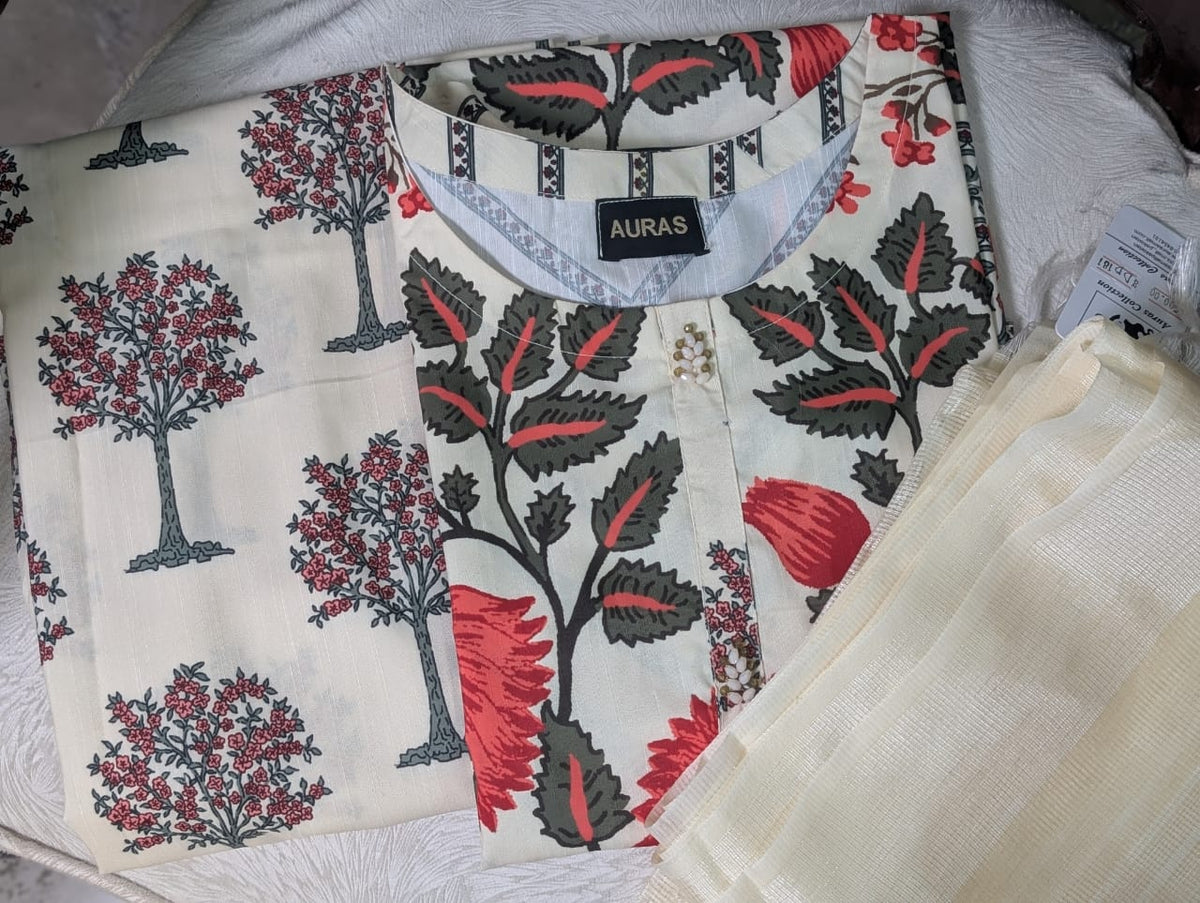 Off-White Printed Slub Khaddar Stitched 3-Piece Suit
