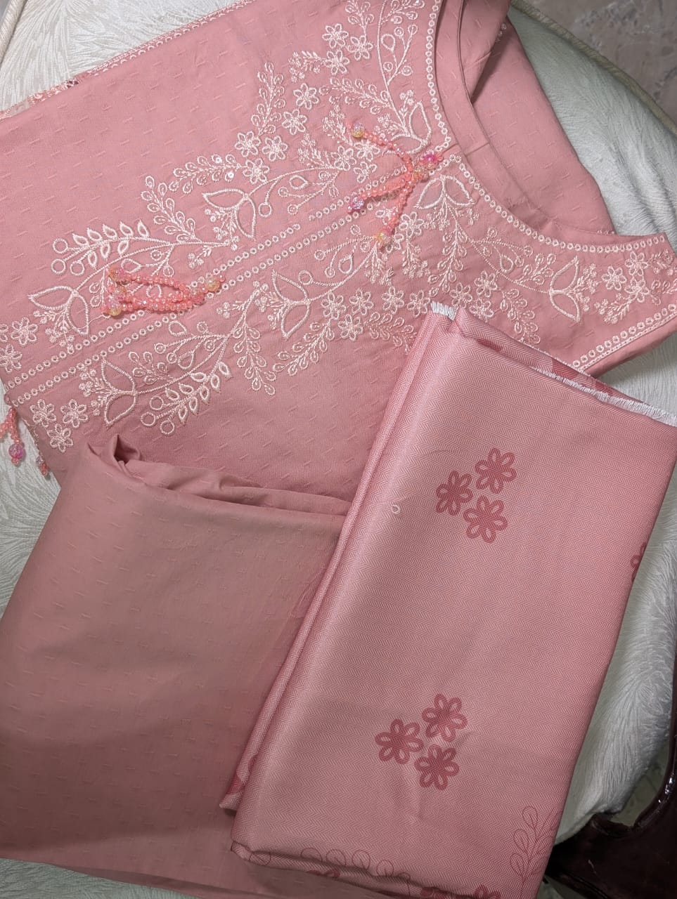 Winter Cotton Stitched Suit with Warm Shawl in Pink