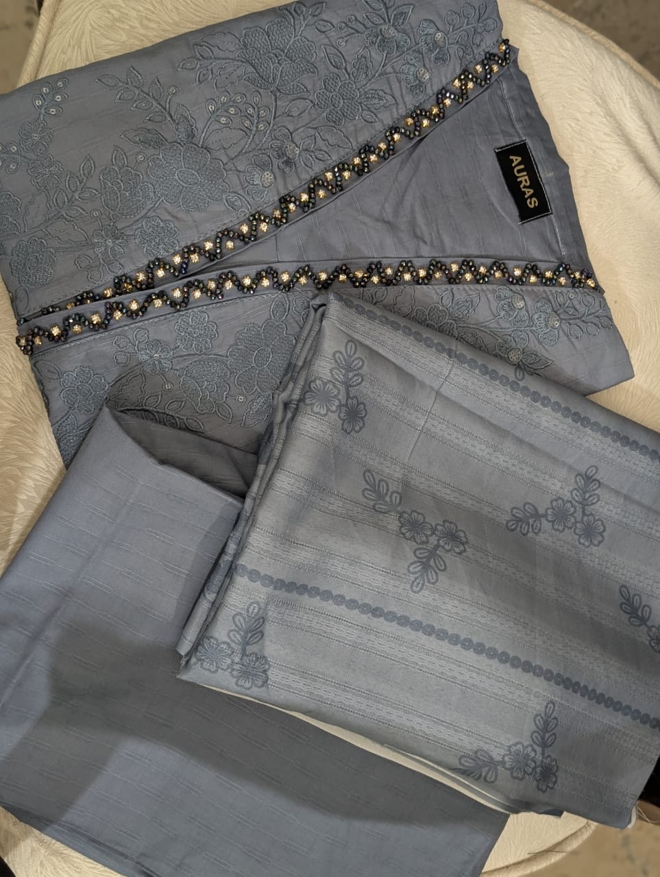Grey Embroidered with Applique Work Winter Cotton Stitched Suit with Warm Printed Shawl
