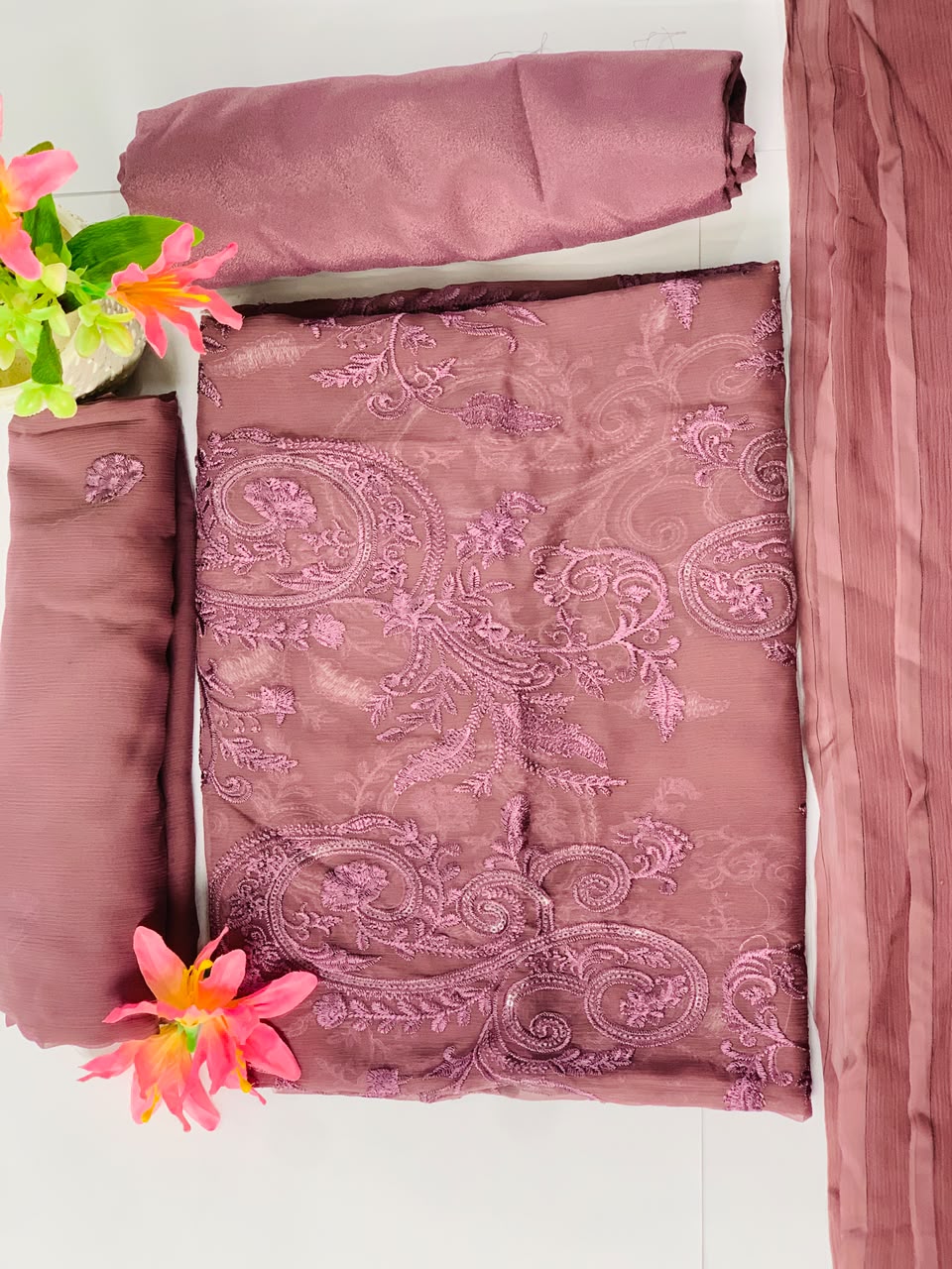 Dusty Rose Embroided Chiffon Suit