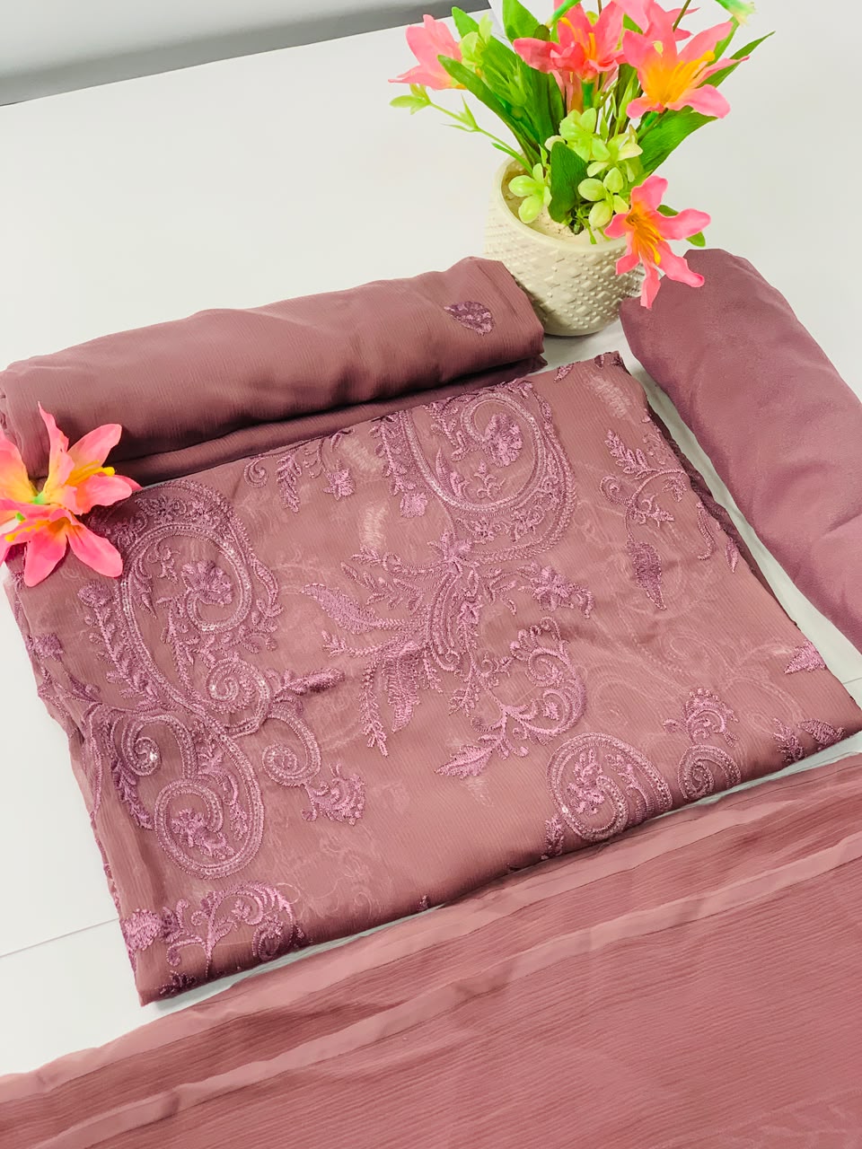 Dusty Rose Embroided Chiffon Suit