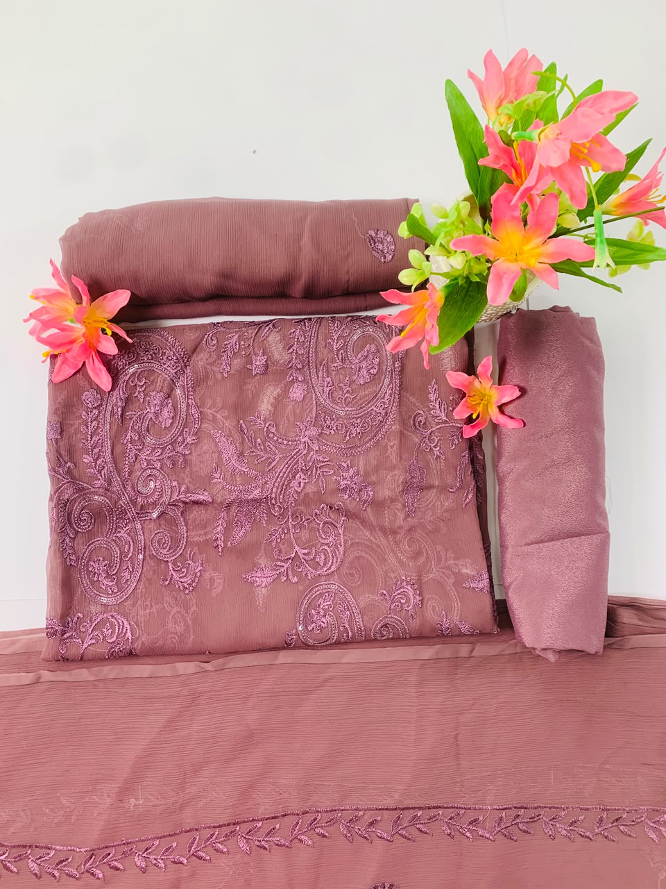 Dusty Rose Embroided Chiffon Suit